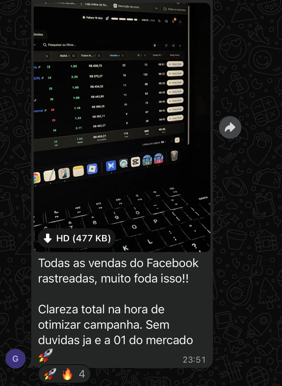 Print de WhatsApp: cliente mostra a tela da Track Hunter e diz que todas as vendas do Facebook foram rastreadas, com clareza total para otimizar campanha