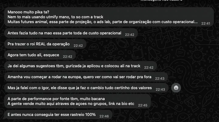 Print de WhatsApp: cliente conta que trocou o tracker anterior pela Track Hunter e passou a ter o ROI real da operação